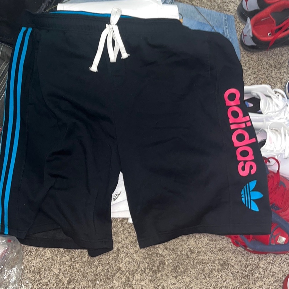Adidas Athletic ShortsDrawstring 3XL BlackTurquoise side strips Hot pink emblem
